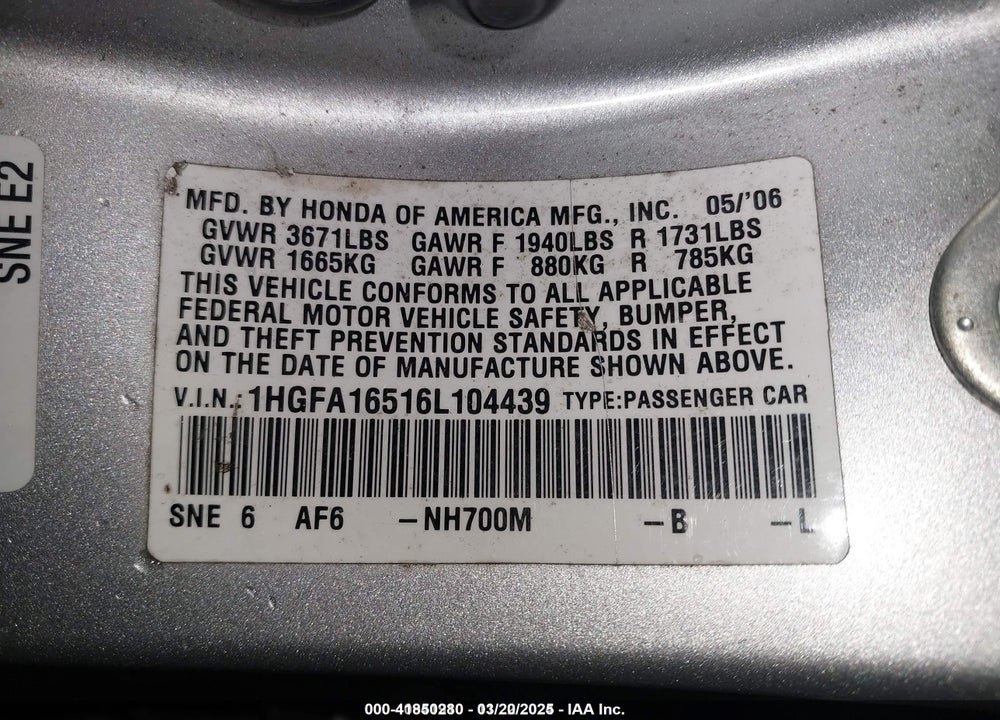 2006 HONDA CIVIC LX VIN: 1HGFA16516L104439