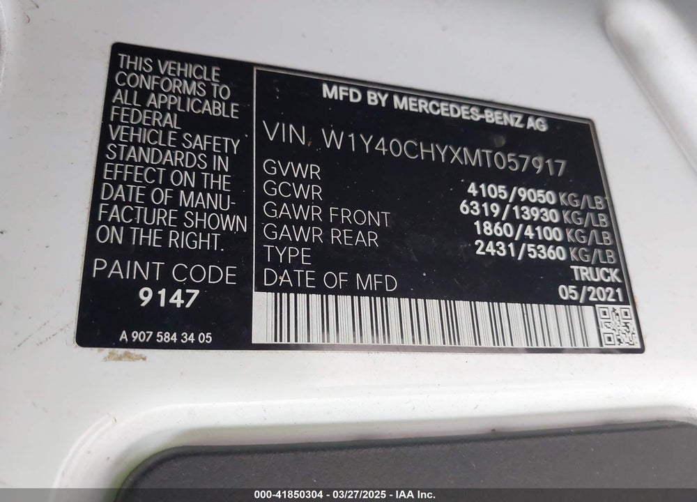 2021 MERCEDES-BENZ SPRINTER 2500 HIGH ROOF I4 VIN: W1Y40CHYXMT057917