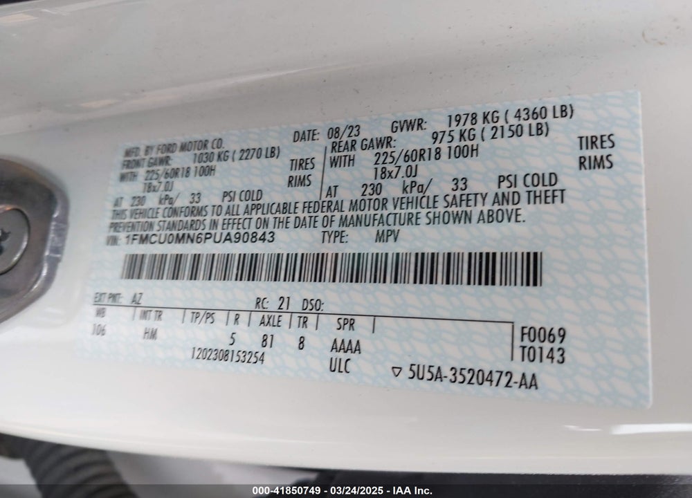 2023 FORD ESCAPE VIN: 1FMCU0MN6PUA90843