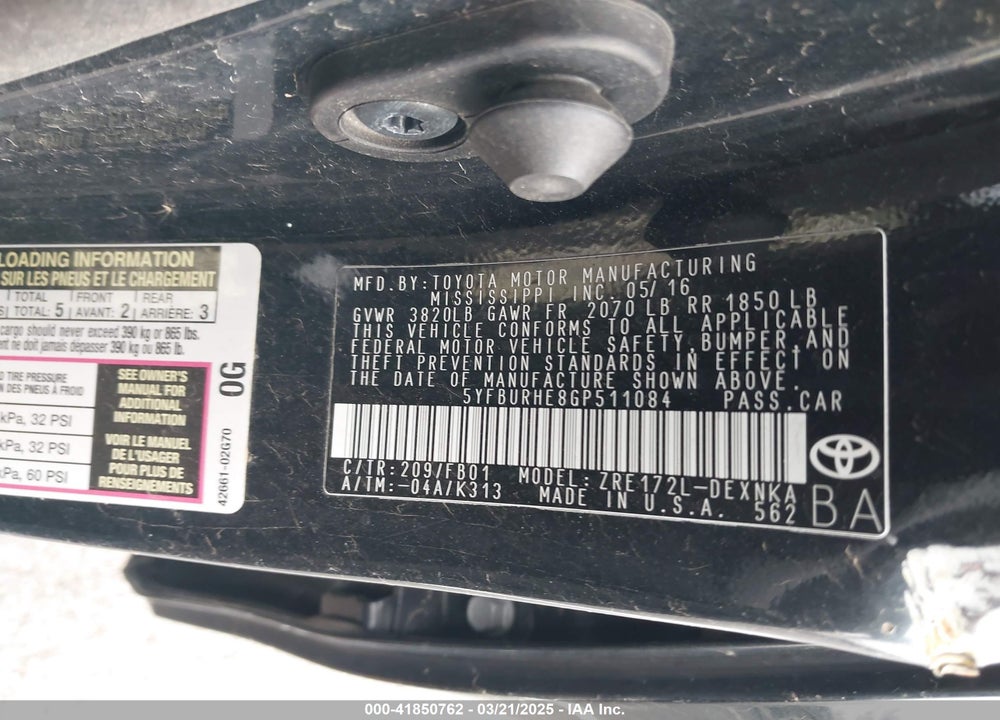2016 TOYOTA COROLLA VIN: 5YFBURHE8GP511084