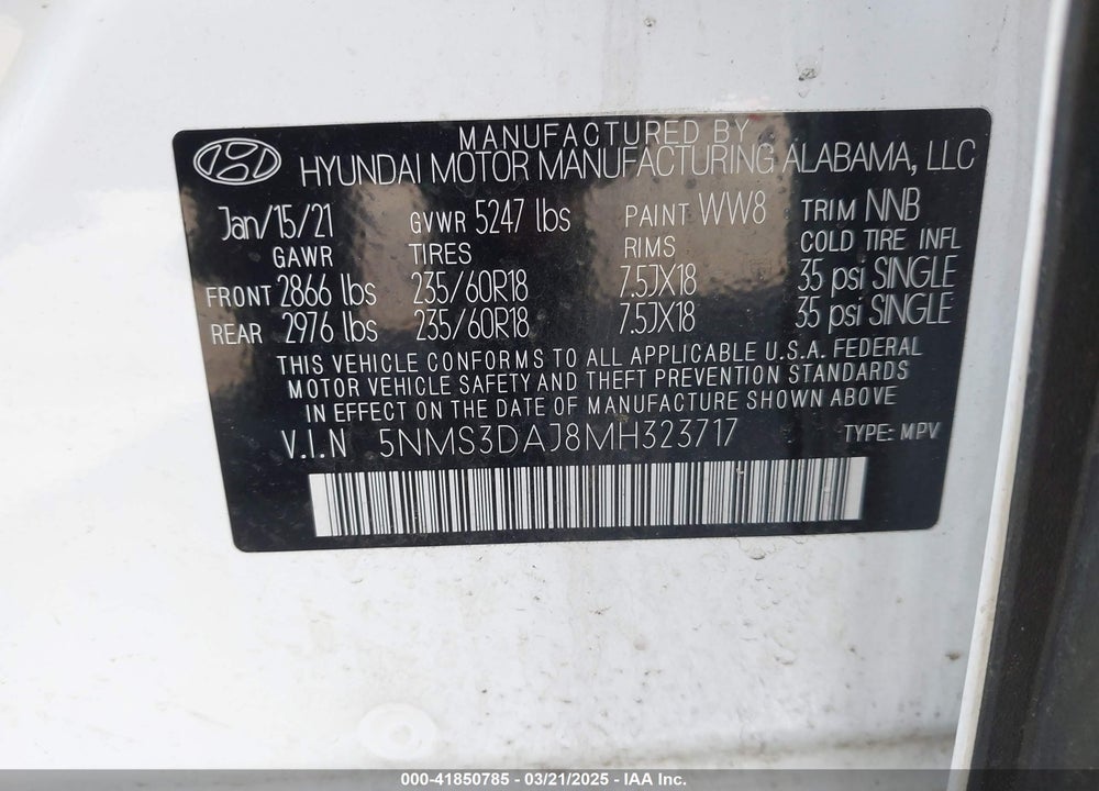 2021 HYUNDAI SANTA FE VIN: 5NMS3DAJ8MH323717