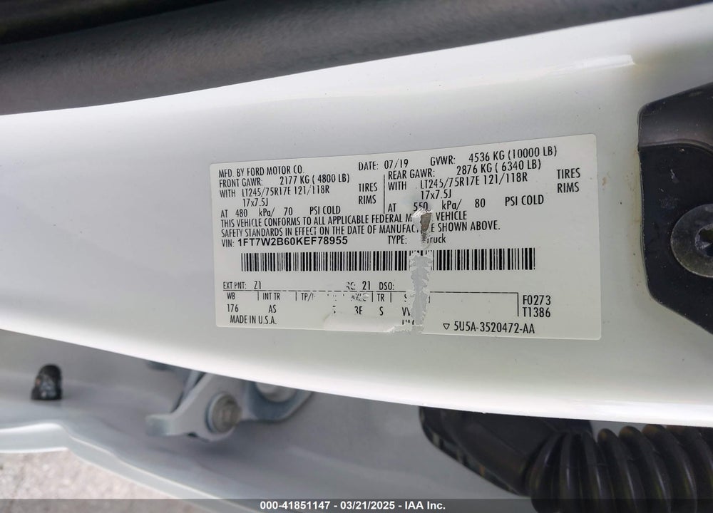 2019 FORD F-250 XL VIN: 1FT7W2B60KEF78955