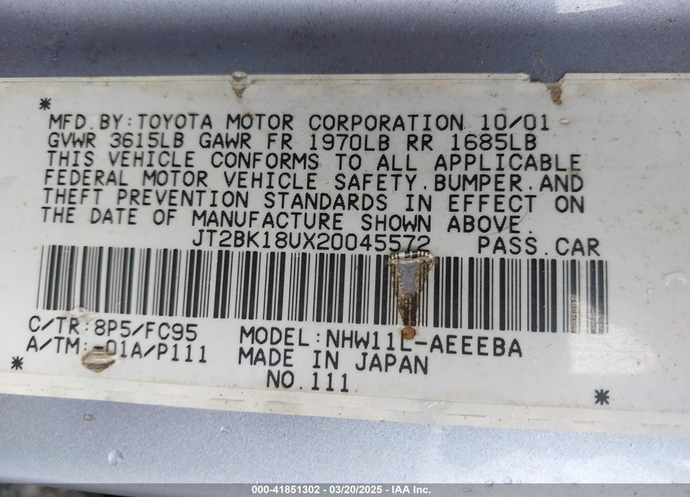 2002 TOYOTA PRIUS VIN: JT2BK18UX20045572