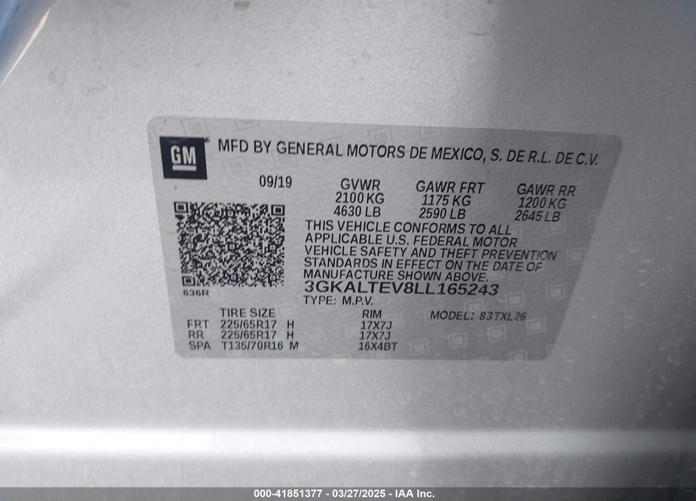 2020 GMC TERRAIN VIN: 3GKALTEV8LL165243