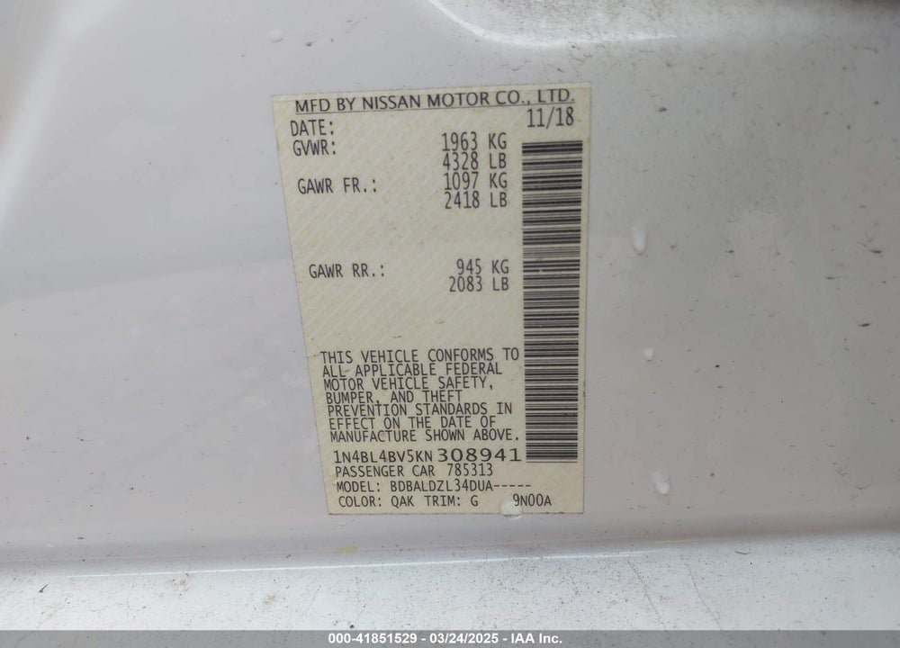 2019 NISSAN ALTIMA VIN: 1N4BL4BV5KN308941