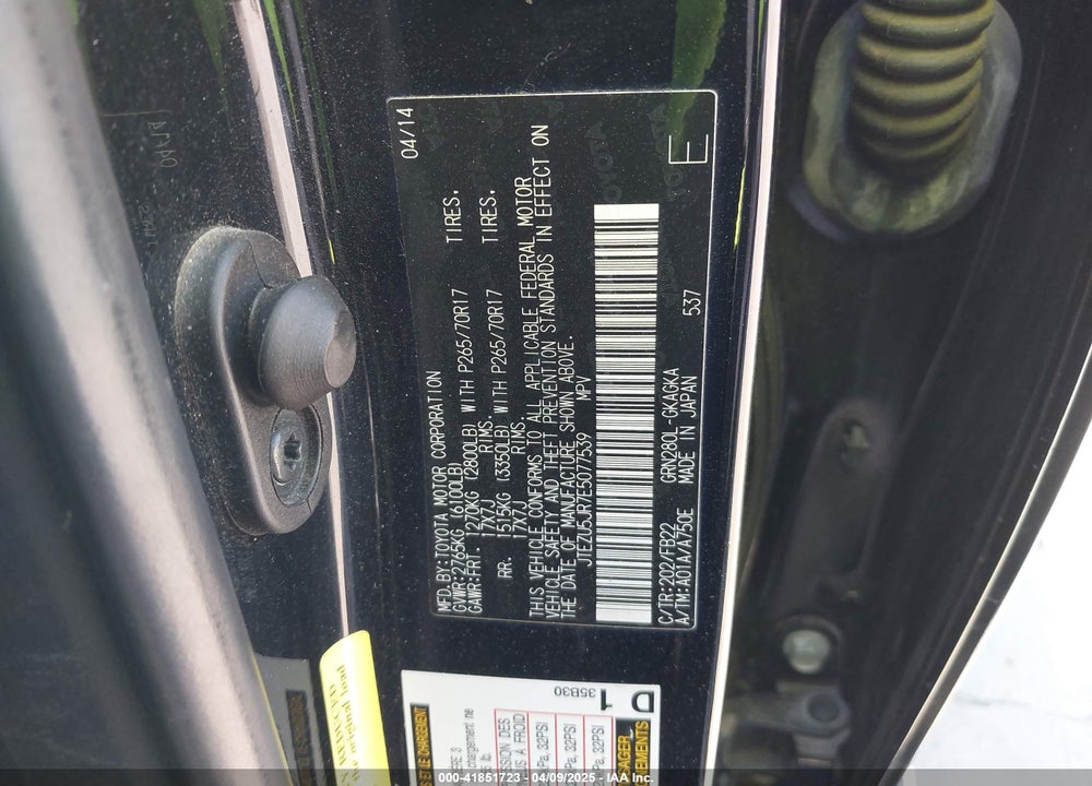 2014 TOYOTA 4RUNNER VIN: JTEZU5JR7E5077539