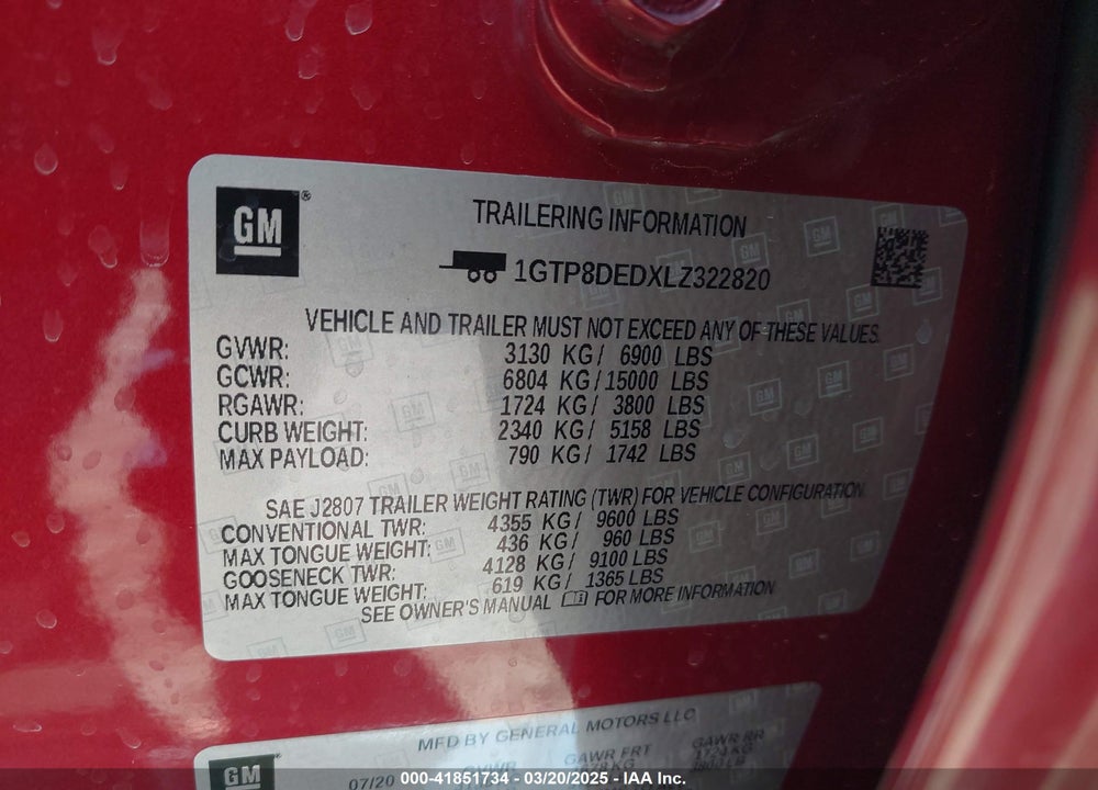 2020 GMC SIERRA 1500 VIN: 1GTP8DEDXLZ322820