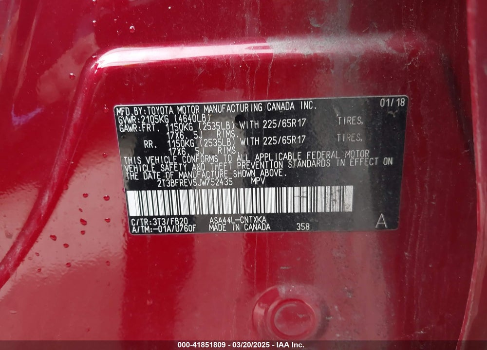 2018 TOYOTA RAV4 VIN: 2T3BFREV5JW752435