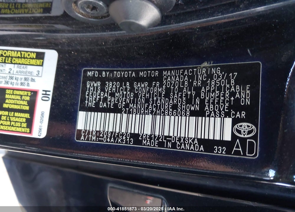 2017 TOYOTA COROLLA SE VIN: 2T1BURHE7HC866068