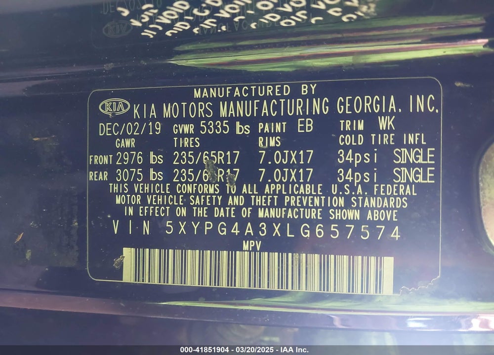 2020 KIA SORENTO 2.4L L VIN: 5XYPG4A3XLG657574