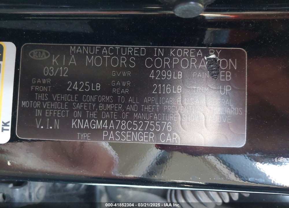 2012 KIA OPTIMA VIN: KNAGM4A78C5275576