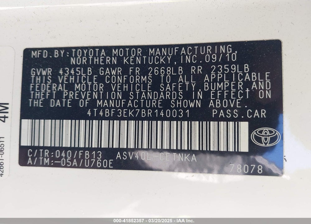 2011 TOYOTA CAMRY LE VIN: 4T4BF3EK7BR140031