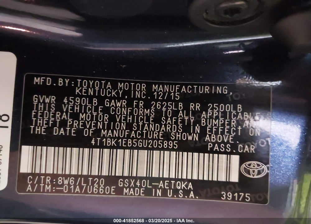 2016 TOYOTA AVALON VIN: 4T1BK1EB5GU205895