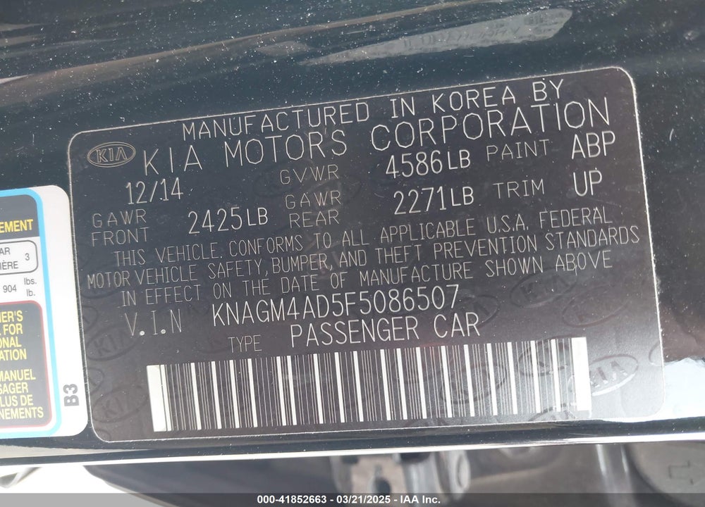 2015 KIA OPTIMA HYBRID VIN: KNAGM4AD5F5086507