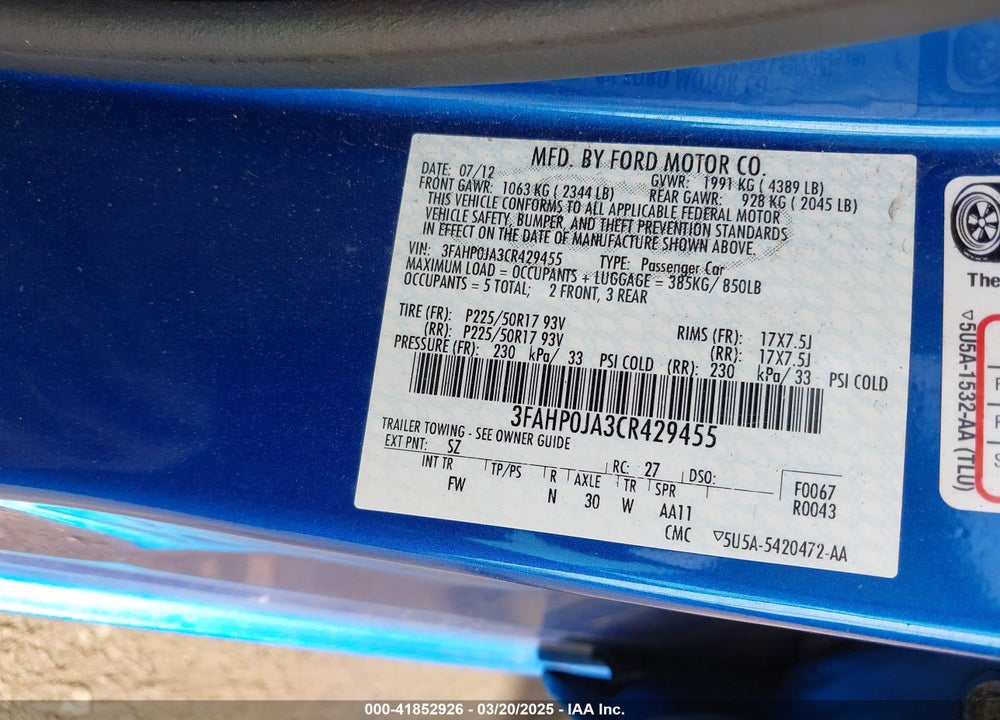 2012 FORD FUSION SEL VIN: 3FAHP0JA3CR429455
