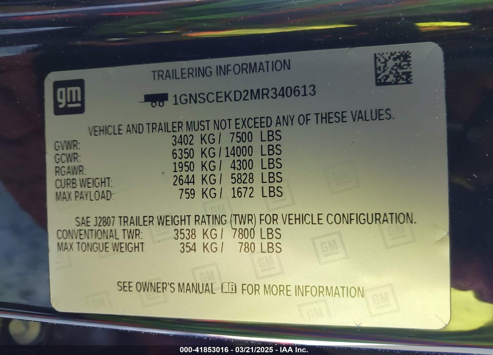 2021 CHEVROLET SUBURBAN VIN: 1GNSCEKD2MR340613