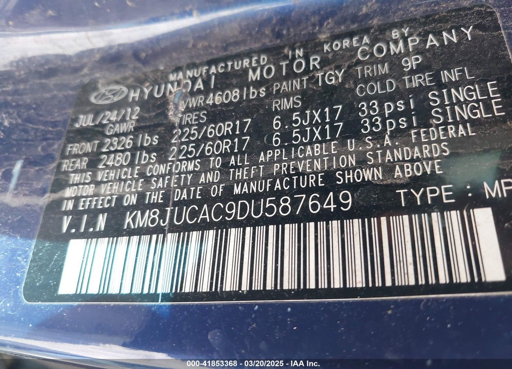 2013 HYUNDAI TUCSON VIN: KM8JUCAC9DU587649