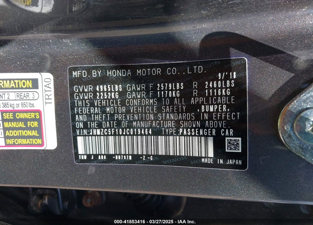 2018 HONDA CLARITY PLUG-IN HYBRID VIN: JHMZC5F10JC019464