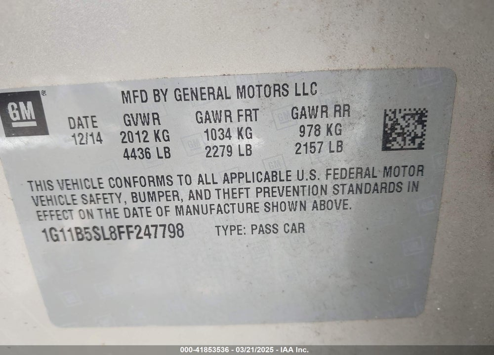 2015 CHEVROLET MALIBU VIN: 1G11B5SL8FF247798