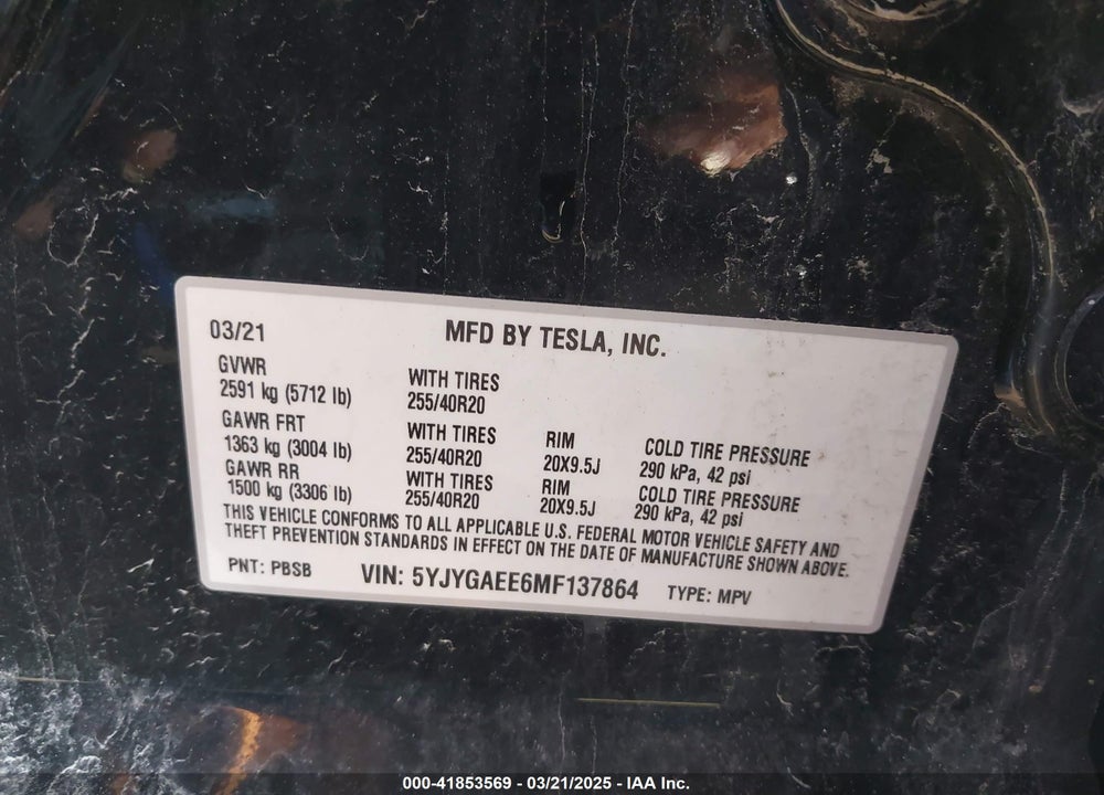 2021 TESLA MODEL Y LONG RANGE DUAL MOTOR ALL-WHEEL DRIVE VIN: 5YJYGAEE6MF137864