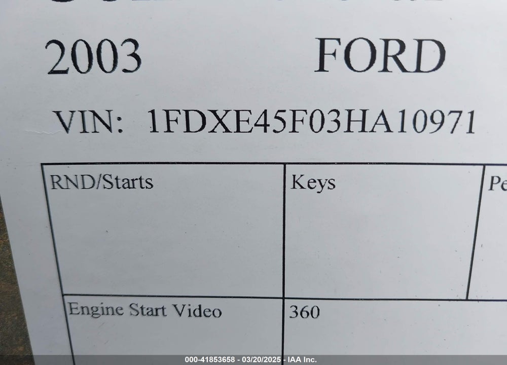 2003 FORD E-450 CUTAWAY STANDARD VIN: 1FDXE45F03HA10971