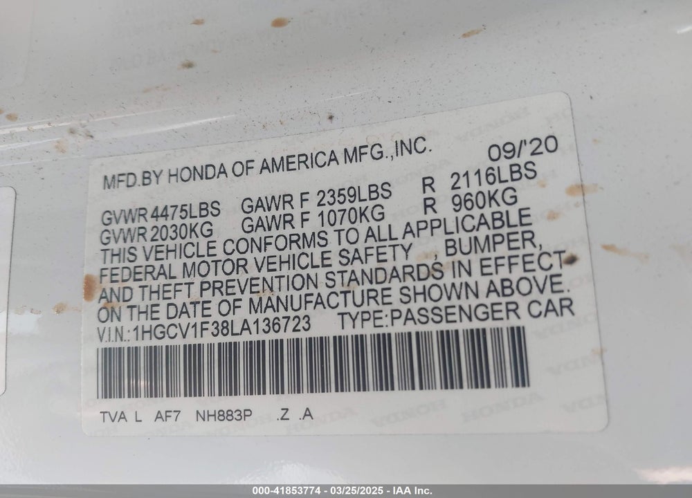 2020 HONDA ACCORD VIN: 1HGCV1F38LA136723