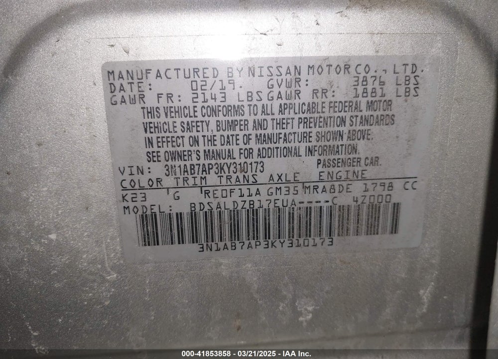 2019 NISSAN SENTRA SV VIN: 3N1AB7AP3KY310173