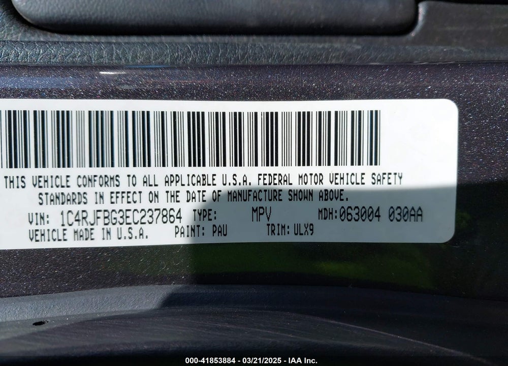 2014 JEEP GRAND CHEROKEE VIN: 1C4RJFBG3EC237864