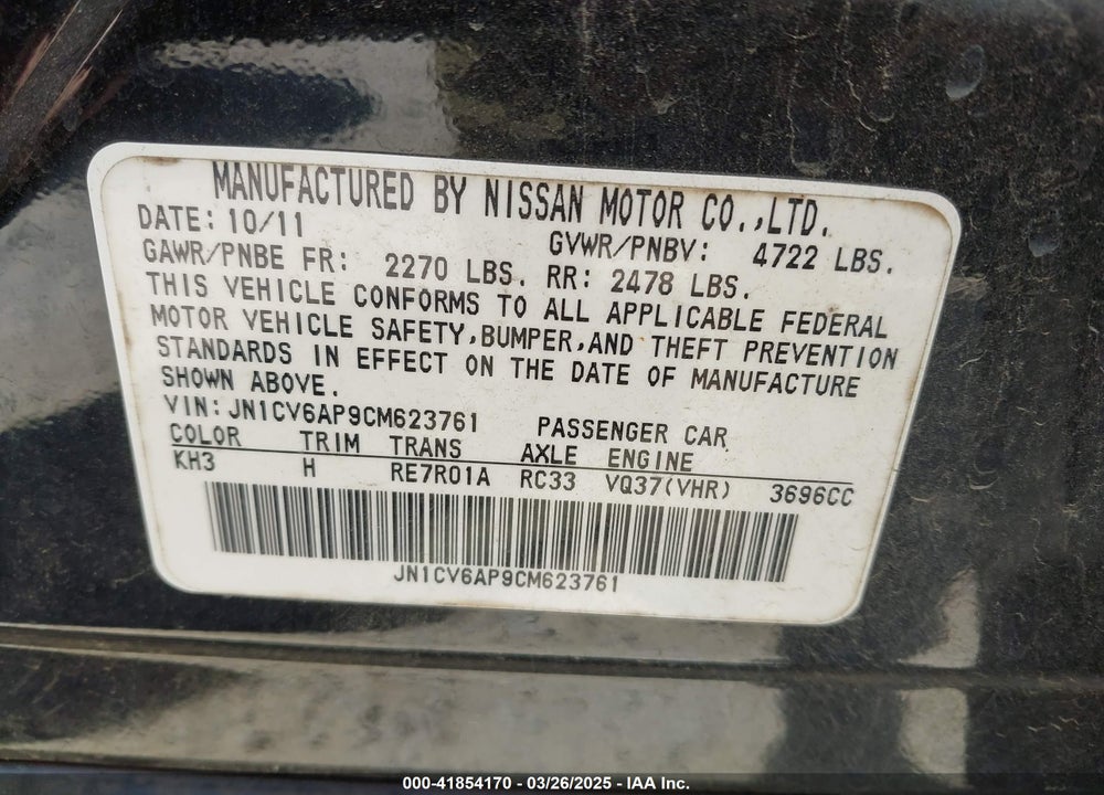 2012 INFINITI G37 VIN: JN1CV6AP9CM623761