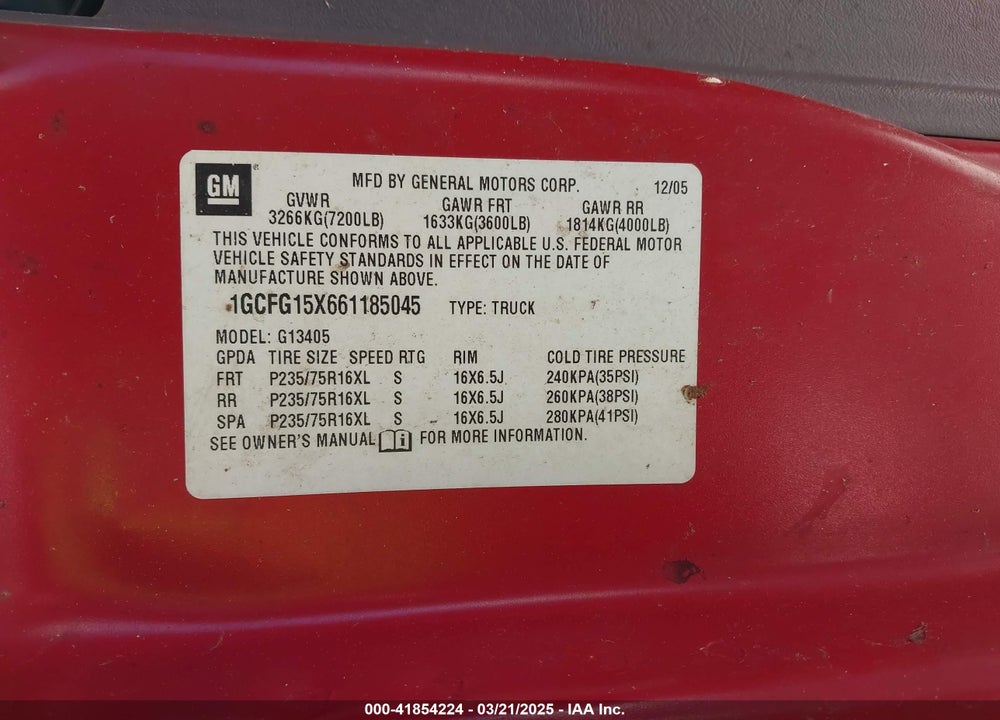 2006 CHEVROLET EXPRESS CARGO VAN WORK VAN VIN: 1GCFG15X661185045
