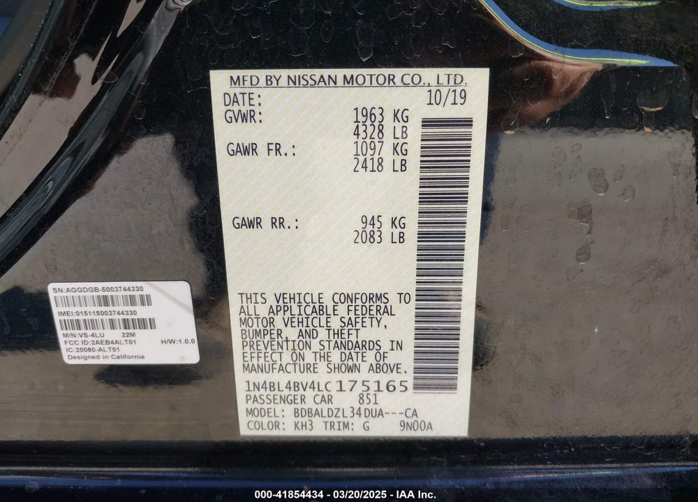 2020 NISSAN ALTIMA VIN: 1N4BL4BV4LC175165