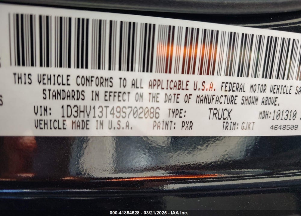 2009 DODGE RAM 1500 VIN: 1D3HV13T49S702086