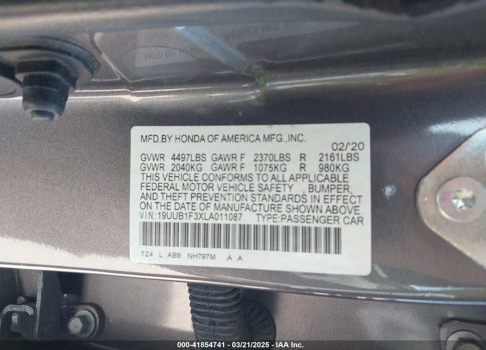 2020 ACURA TLX STANDARD VIN: 19UUB1F3XLA011087