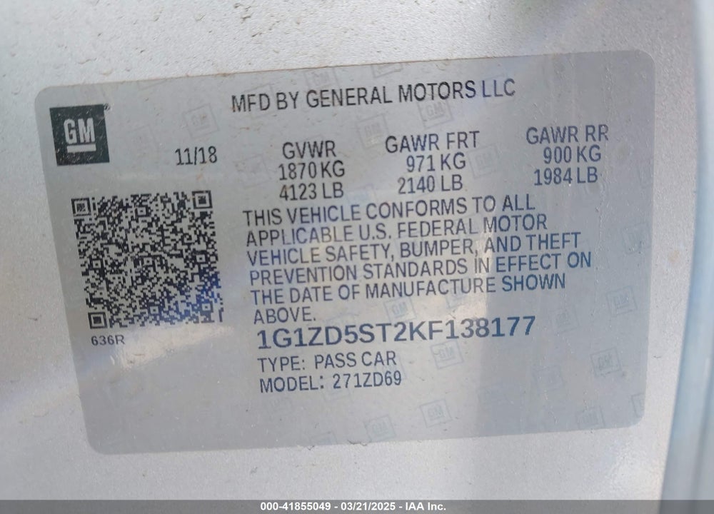 2019 CHEVROLET MALIBU VIN: 1G1ZD5ST2KF138177