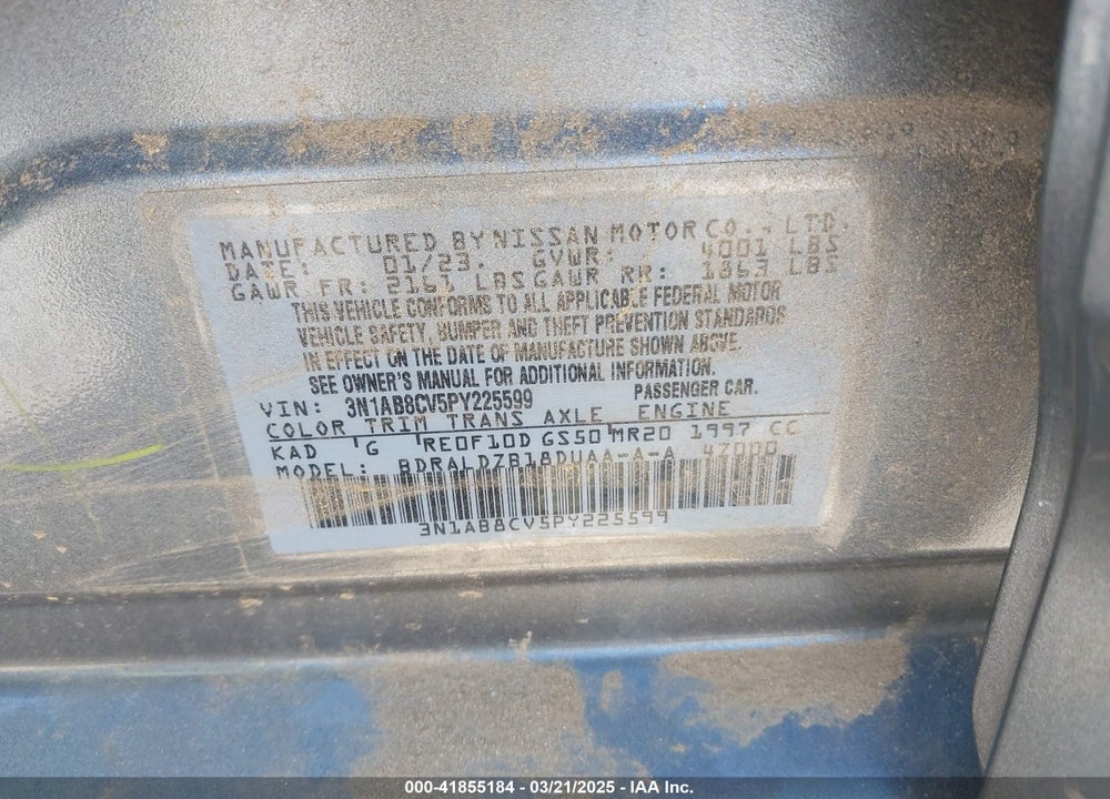 2023 NISSAN SENTRA VIN: 3N1AB8CV5PY225599