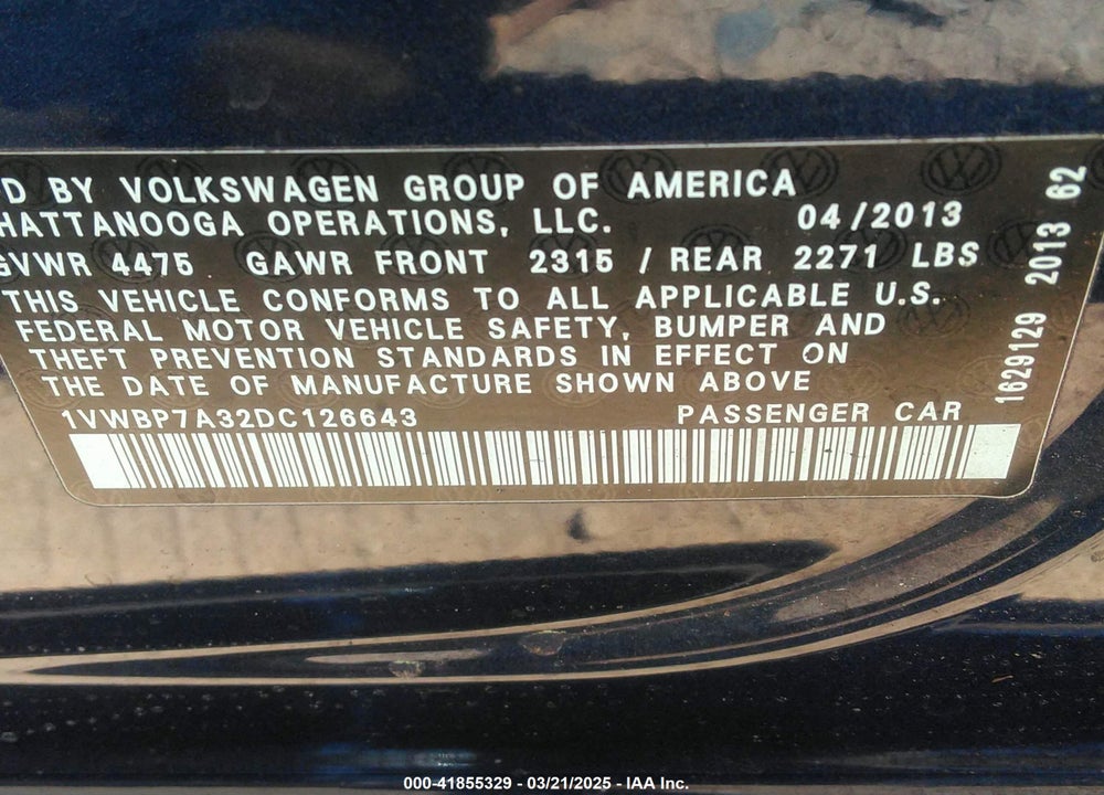 2013 VOLKSWAGEN PASSAT 2.5L SE VIN: 1VWBP7A32DC126643