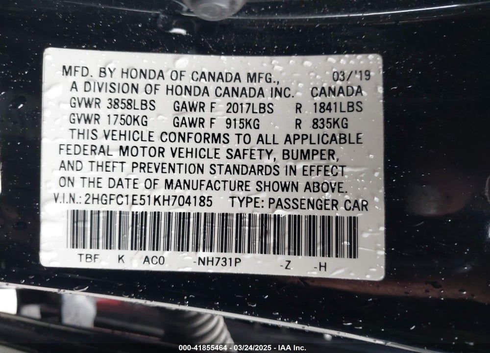 2019 HONDA CIVIC SI VIN: 2HGFC1E51KH704185
