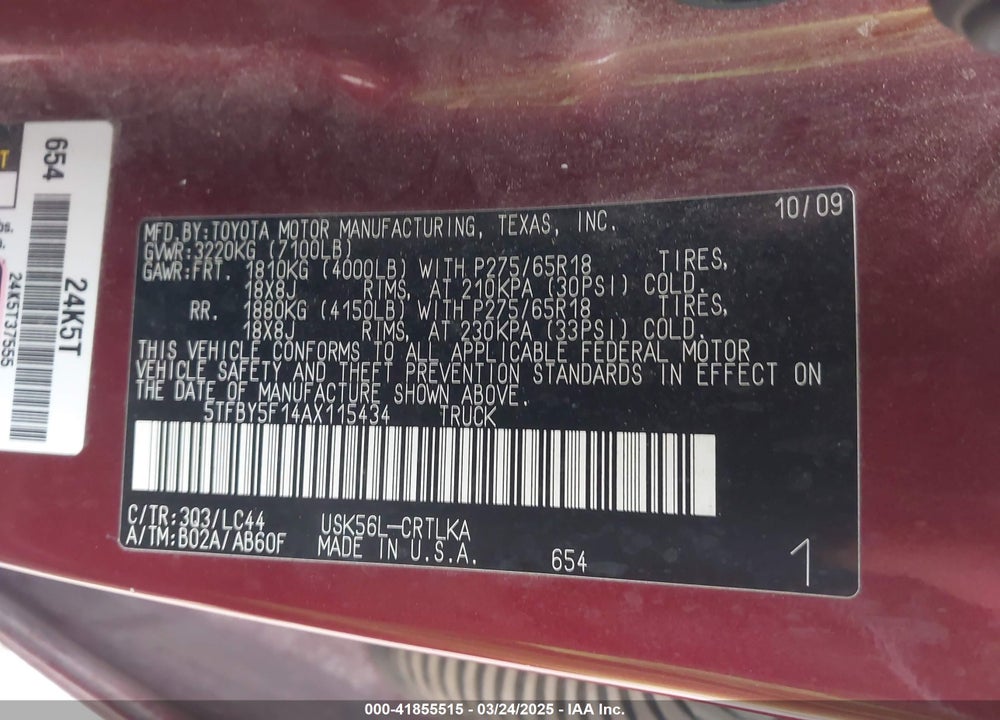 2010 TOYOTA TUNDRA VIN: 5TFBY5F14AX115434