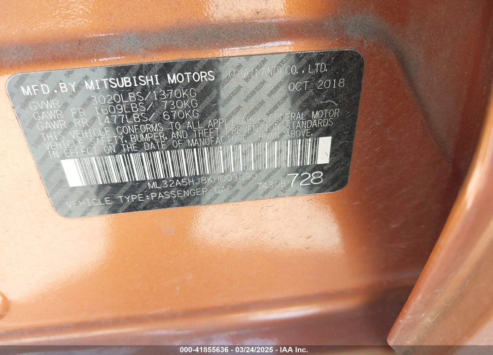 2019 MITSUBISHI MIRAGE VIN: ML32A5HJ8KH003090