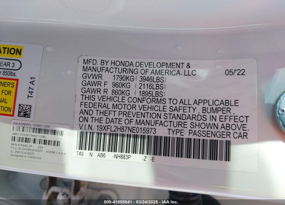 2022 HONDA CIVIC VIN: 19XFL2H87NE015973