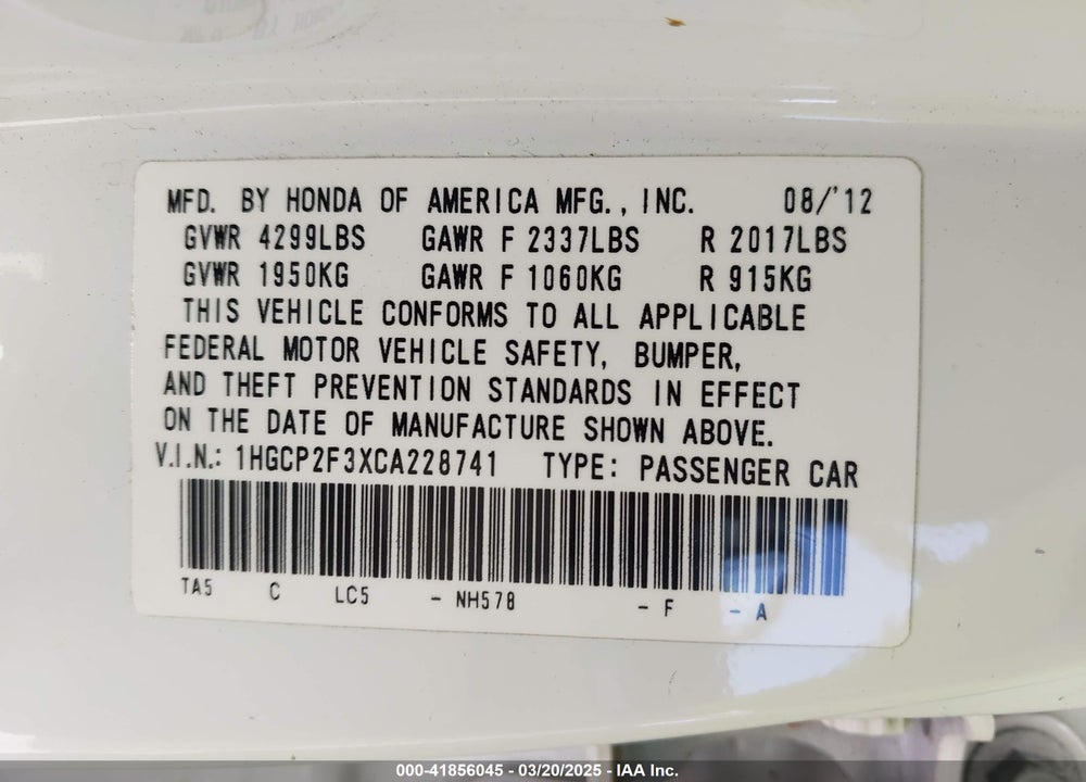 2012 HONDA ACCORD 2.4 LX VIN: 1HGCP2F3XCA228741