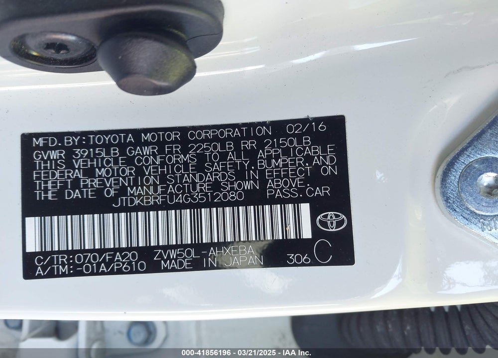 2016 TOYOTA PRIUS VIN: JTDKBRFU4G3512080