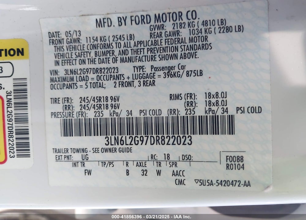 2013 LINCOLN MKZ VIN: 3LN6L2G97DR822023