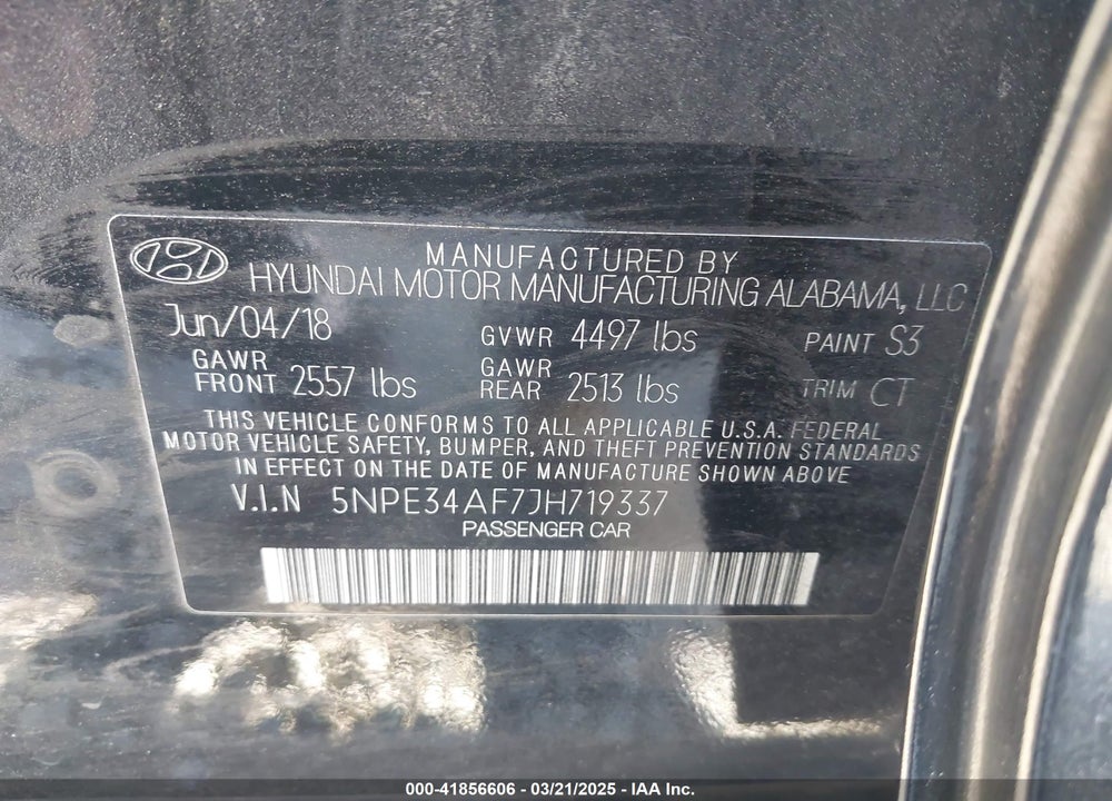 2018 HYUNDAI SONATA VIN: 5NPE34AF7JH719337