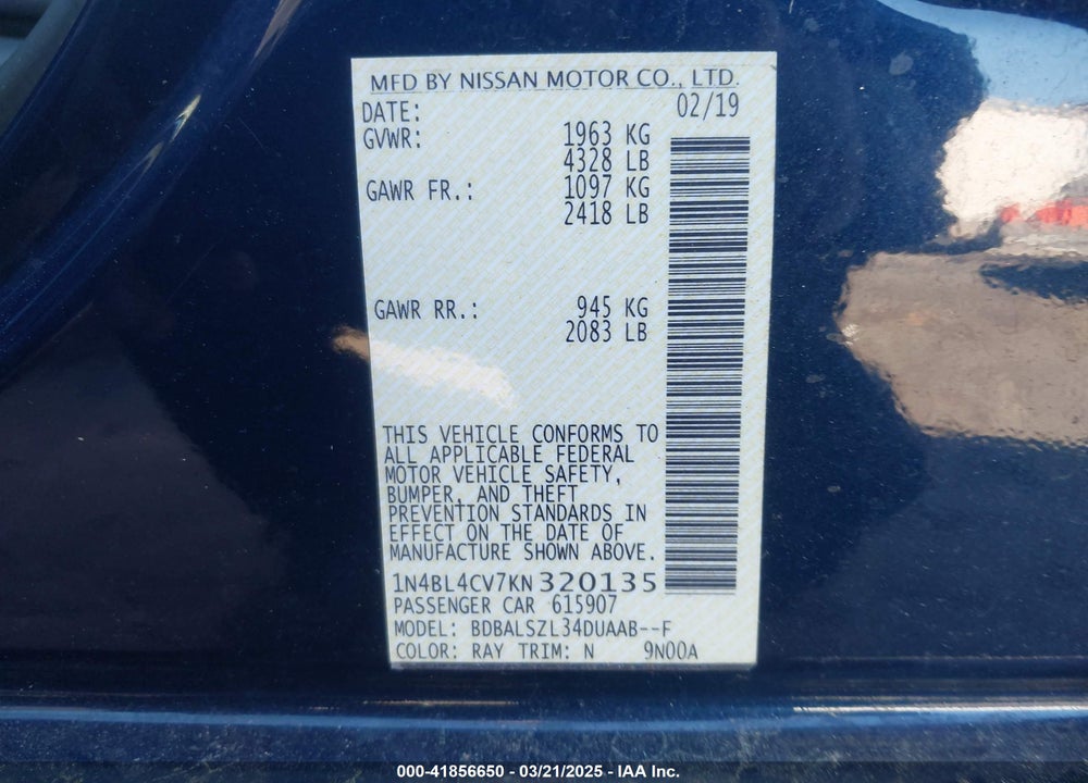 2019 NISSAN ALTIMA VIN: 1N4BL4CV7KN320135