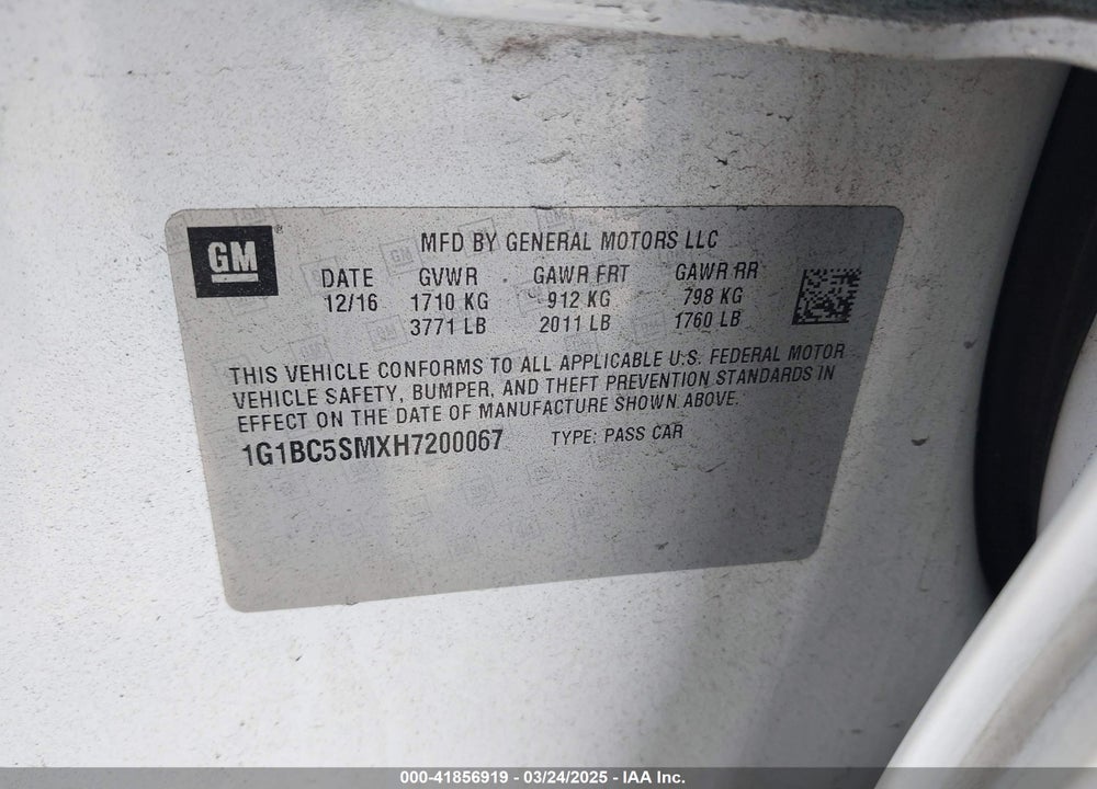 2017 CHEVROLET CRUZE VIN: 1G1BC5SMXH7200067
