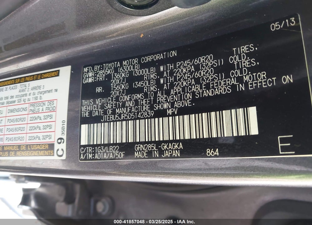 2013 TOYOTA 4RUNNER VIN: JTEBU5JR5D5142839