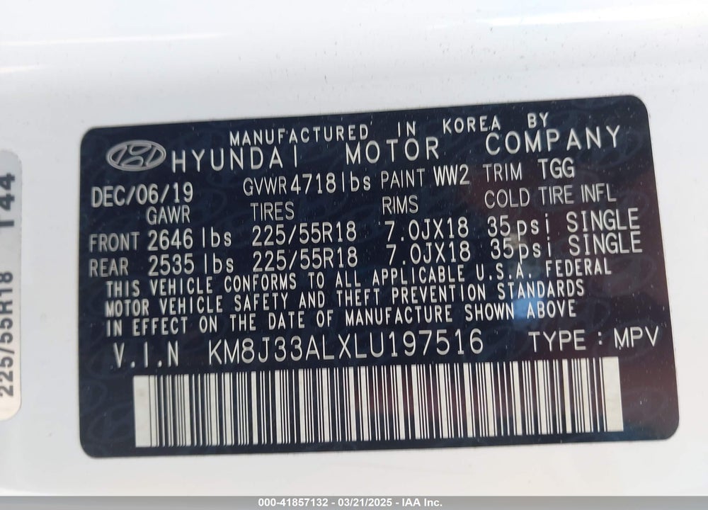 2020 HYUNDAI TUCSON SEL VIN: KM8J33ALXLU197516