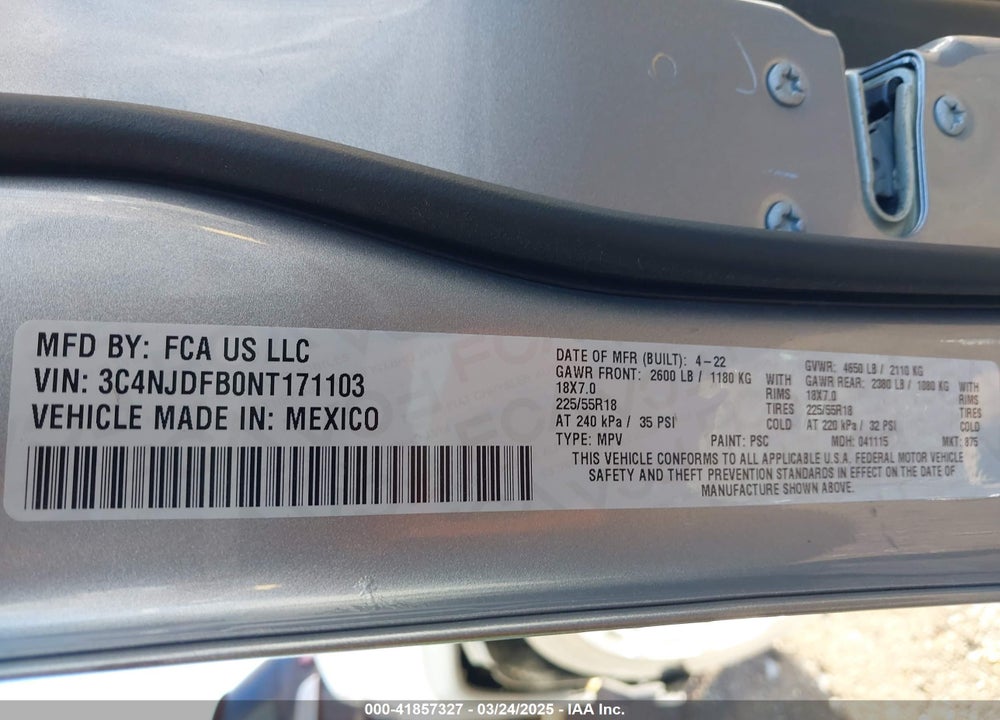 2022 JEEP COMPASS VIN: 3C4NJDFB0NT171103