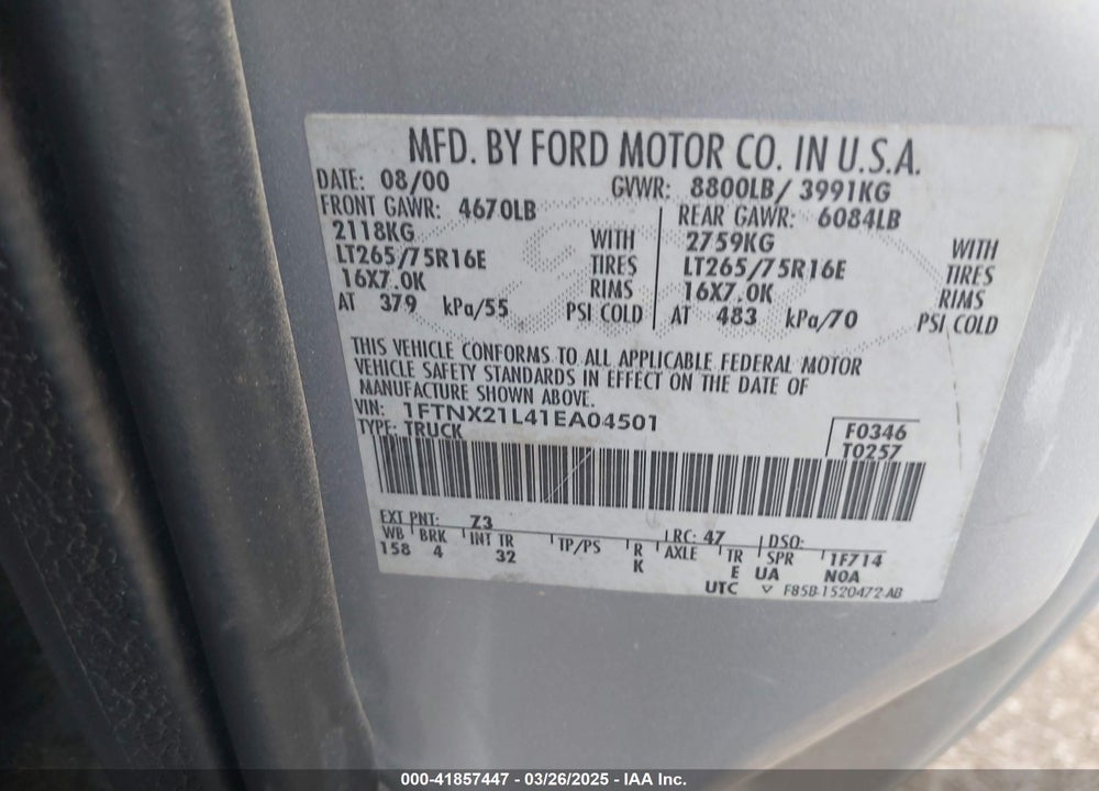 2001 FORD F-250 LARIAT/XL/XLT VIN: 1FTNX21L41EA04501